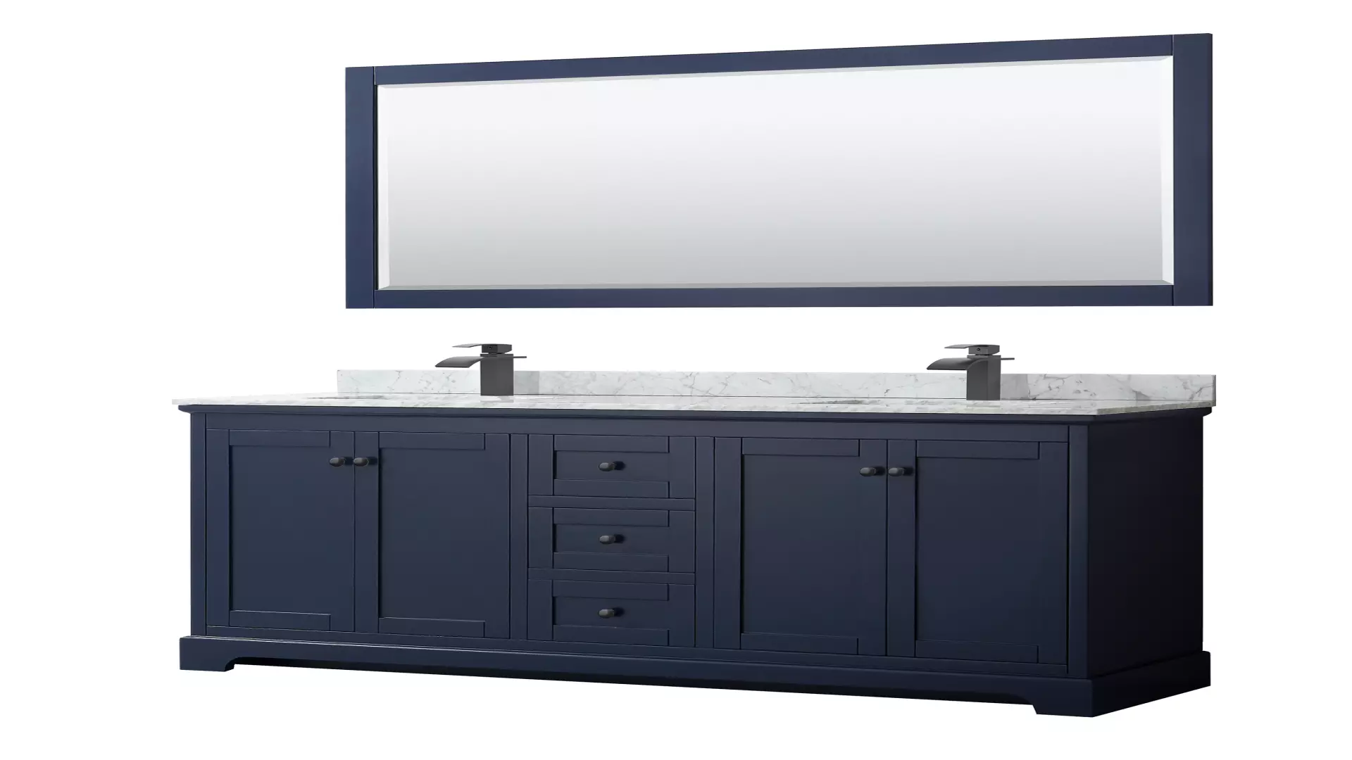 Avery 72 Inch Double Bathroom Vanity in Dark Blue, White Carrara Marble Countertop, Undermount Square Sinks, Matte Black Trim, 70 Inch Mirror material
