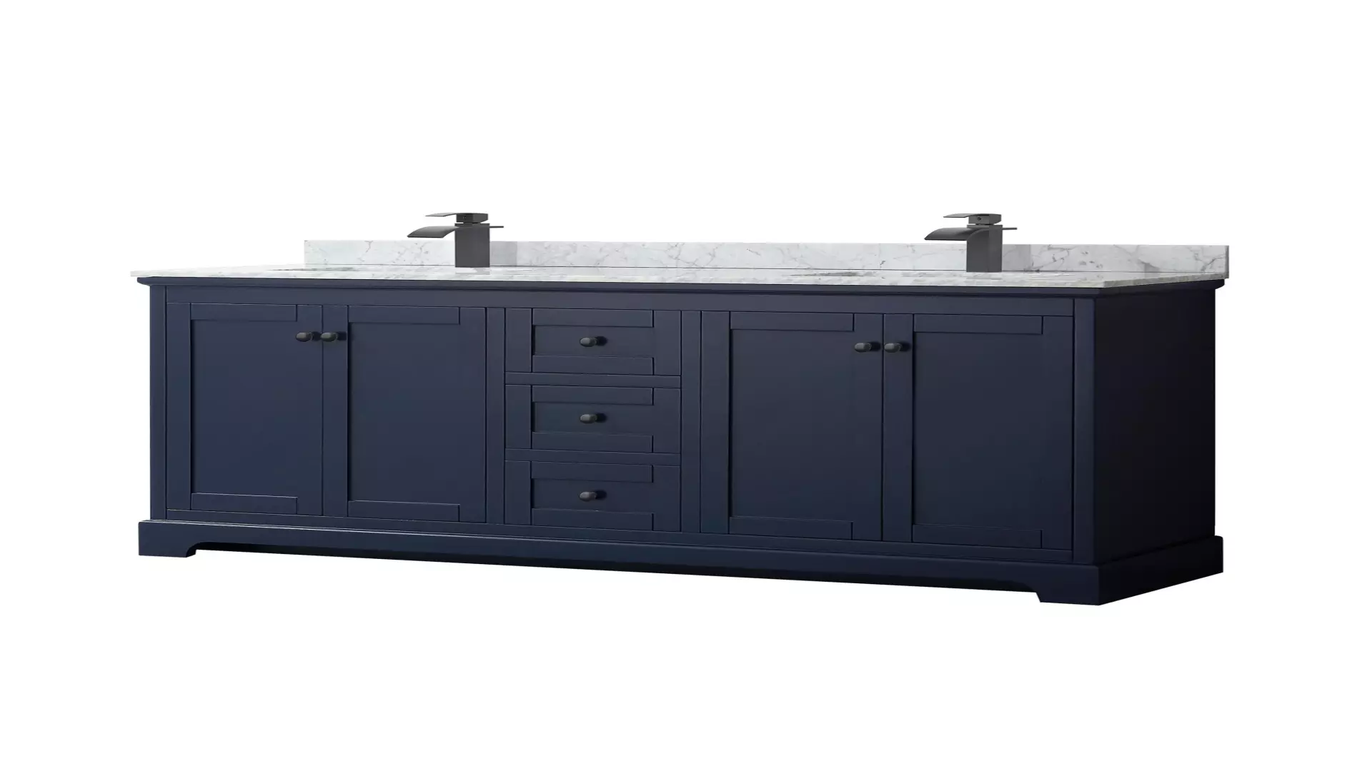 Avery 72 Inch Double Bathroom Vanity in Dark Blue, White Carrara Marble Countertop, Undermount Square Sinks, Matte Black Trim material