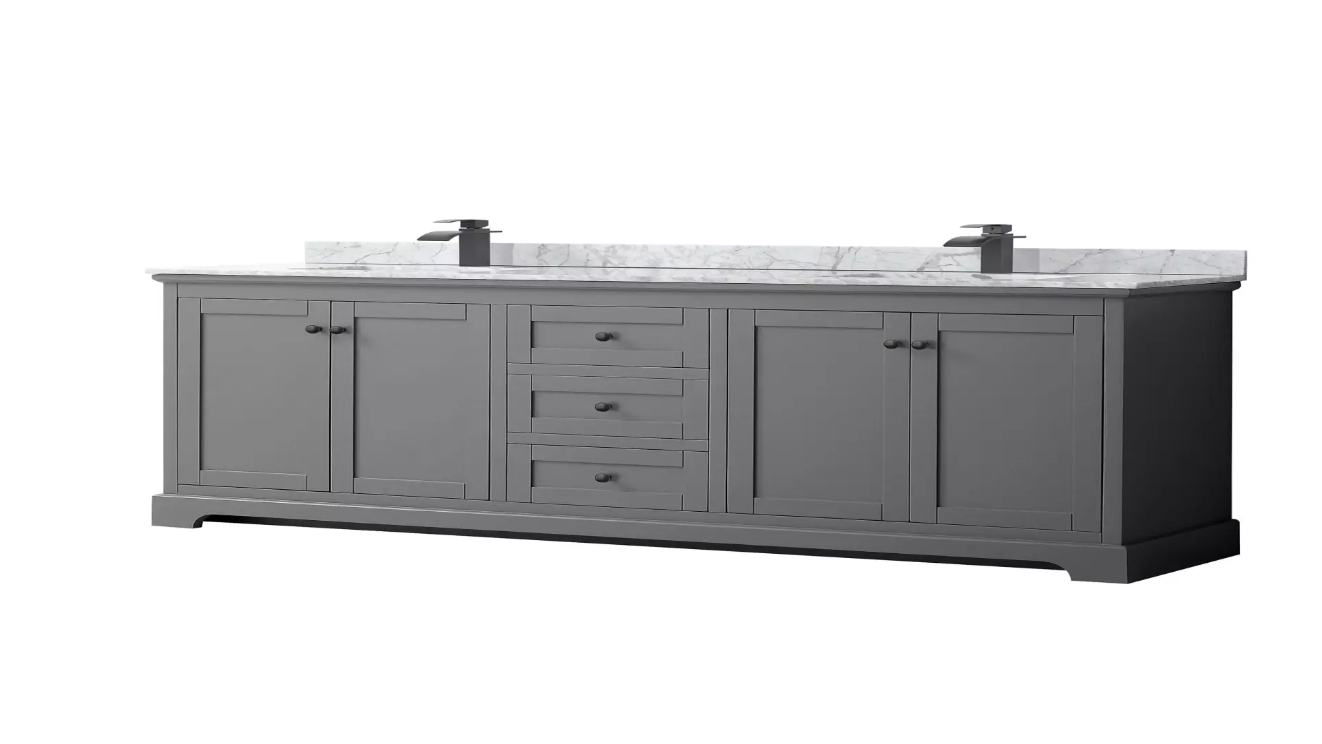 Avery 80 Inch Double Bathroom Vanity in Dark Gray, White Carrara Marble Countertop, Undermount Square Sinks, Matte Black Trim material