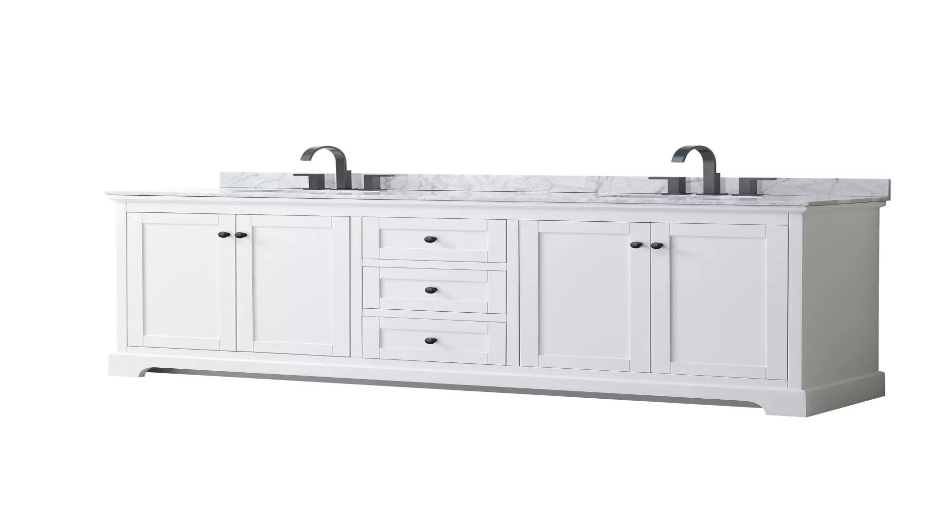 Avery 80 Inch Double Bathroom Vanity in White, White Carrara Marble Countertop, Undermount Oval Sinks, Matte Black Trim material