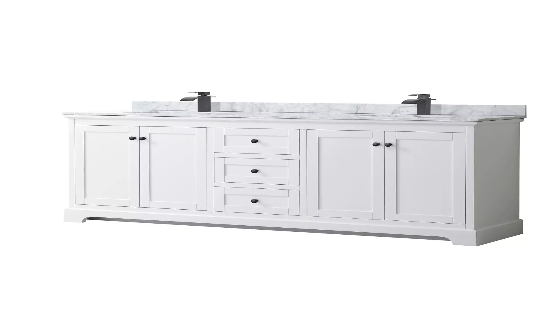 Avery 80 Inch Double Bathroom Vanity in White, White Carrara Marble Countertop, Undermount Square Sinks, Matte Black Trim material