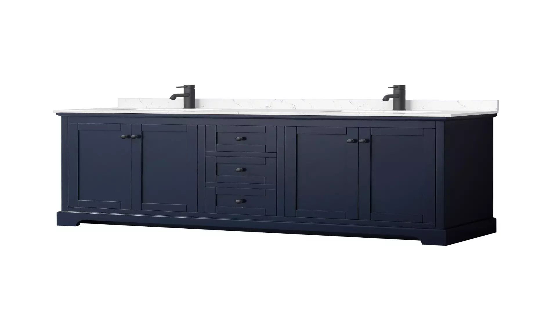 Avery 72 Inch Double Bathroom Vanity in Dark Blue, Carrara Cultured Marble Countertop, Undermount Square Sinks, Matte Black Trim material