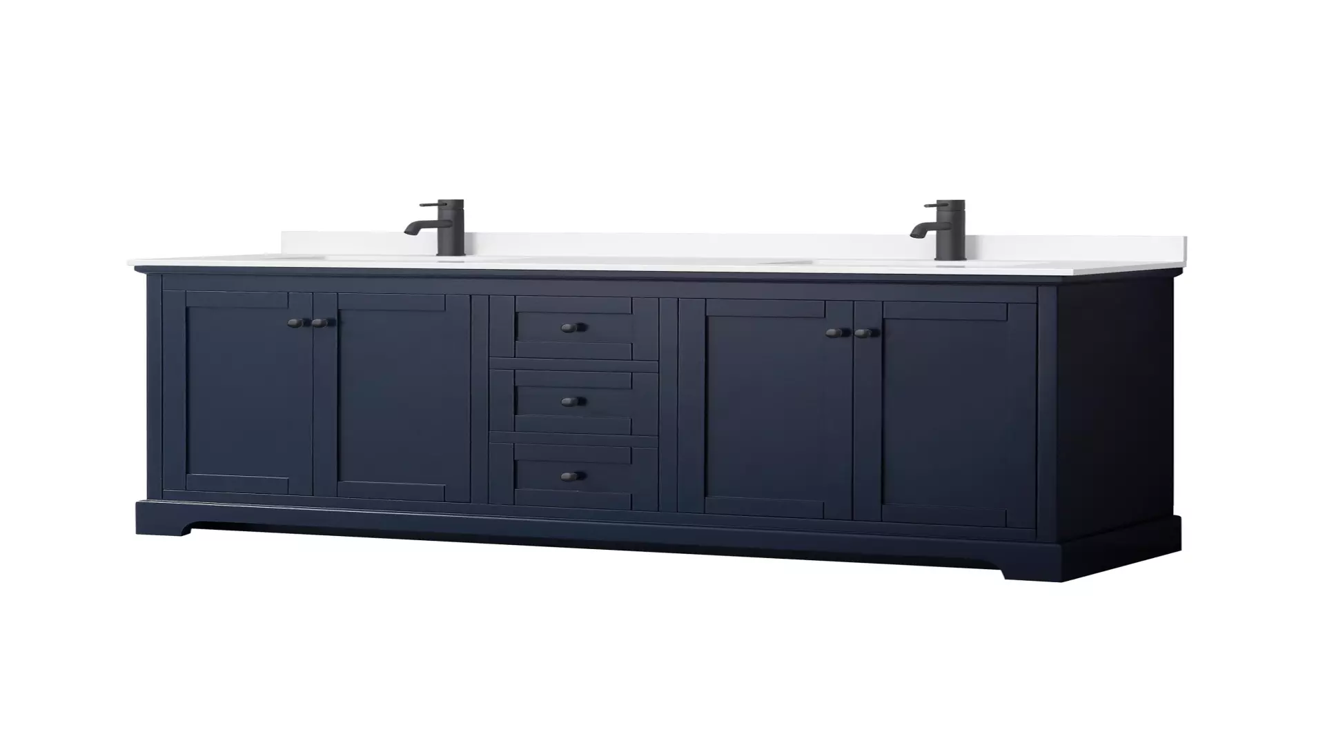 Avery 72 Inch Double Bathroom Vanity in Dark Blue, White Cultured Marble Countertop, Undermount Square Sinks, Matte Black Trim material