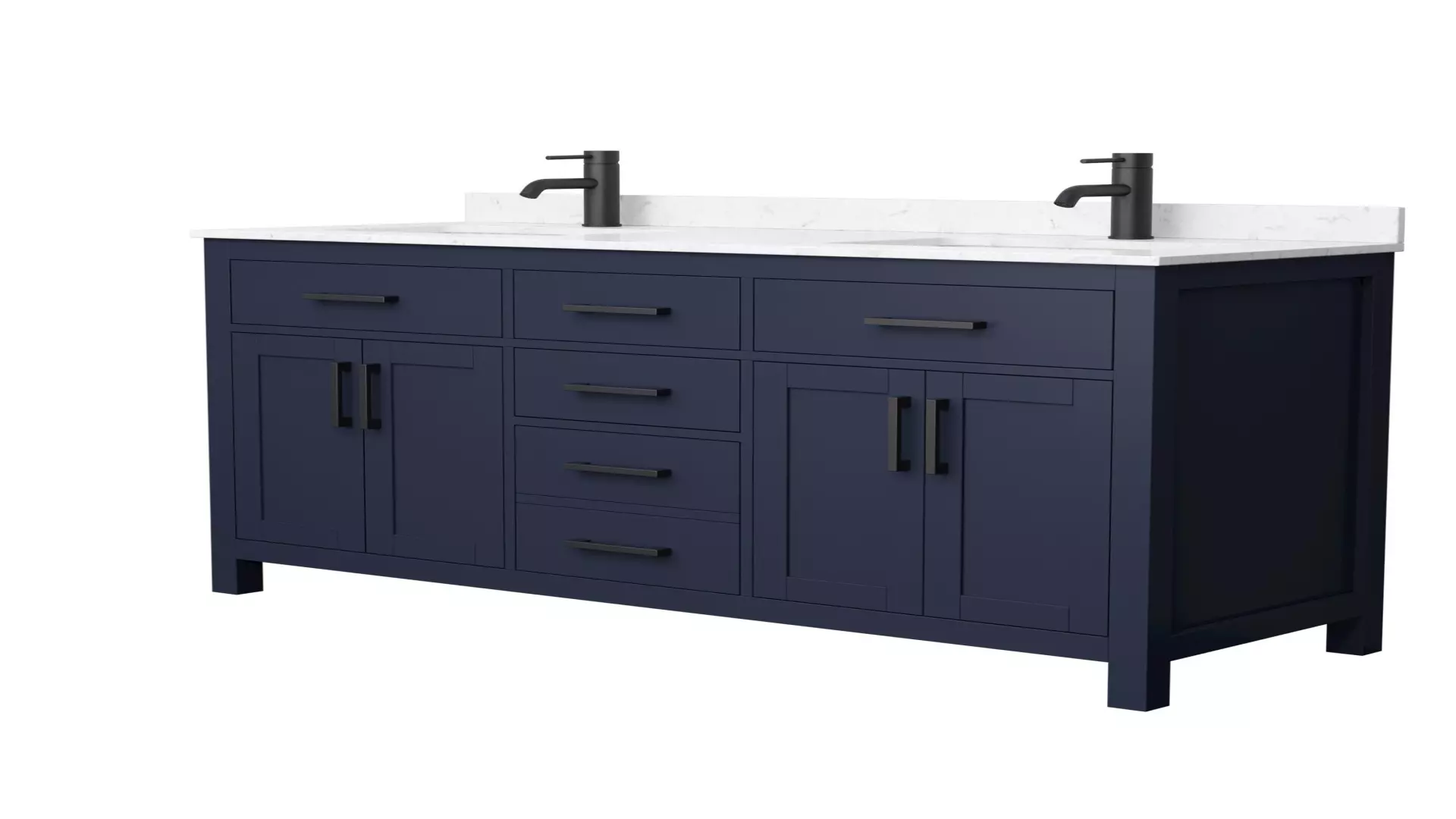 Beckett 60 Inch Double Bathroom Vanity in Dark Blue, Carrara Cultured Marble Countertop, Undermount Square Sinks, Matte Black Trim material