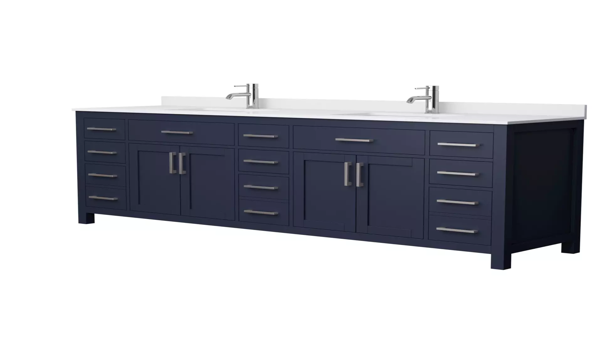 Beckett 84 Inch Double Bathroom Vanity in Dark Blue, White Cultured Marble Countertop, Undermount Square Sinks, Brushed Nickel Trim material