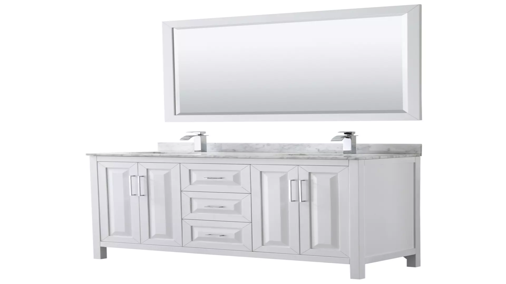 Daria 60 Inch Double Bathroom Vanity in White, White Carrara Marble Countertop, Undermount Square Sinks, and 58 Inch Mirror material