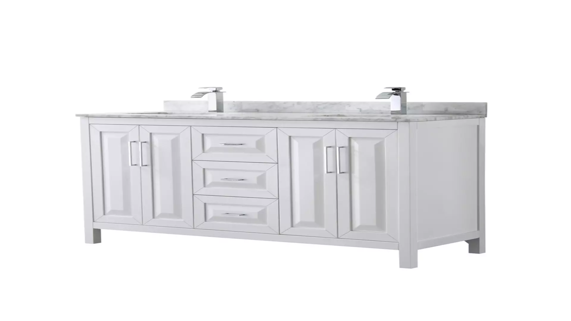 Daria 60 Inch Double Bathroom Vanity in White, White Carrara Marble Countertop, Undermount Square Sinks, and No Mirror material