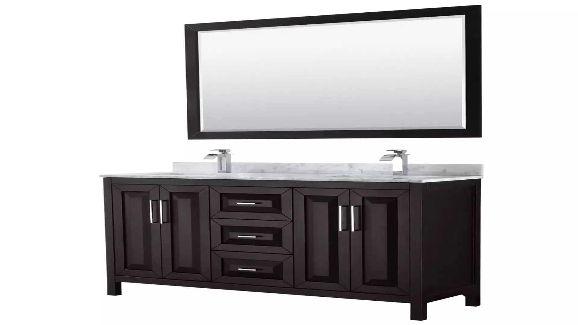 Daria 60 Inch Double Bathroom Vanity in Dark Espresso, White Carrara Marble Countertop, Undermount Square Sinks, and 58 Inch Mirror material