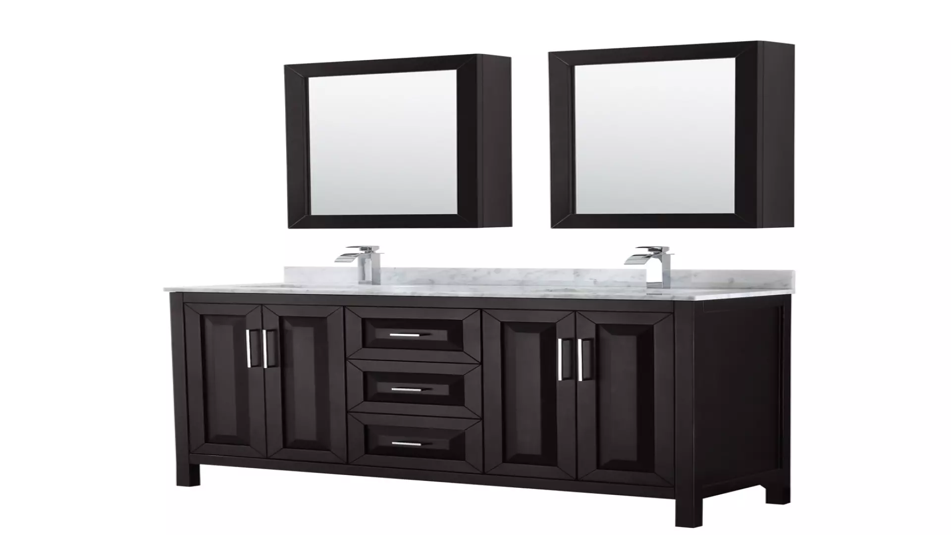 Daria 60 Inch Double Bathroom Vanity in Dark Espresso, White Carrara Marble Countertop, Undermount Square Sinks, and Medicine Cabinets material
