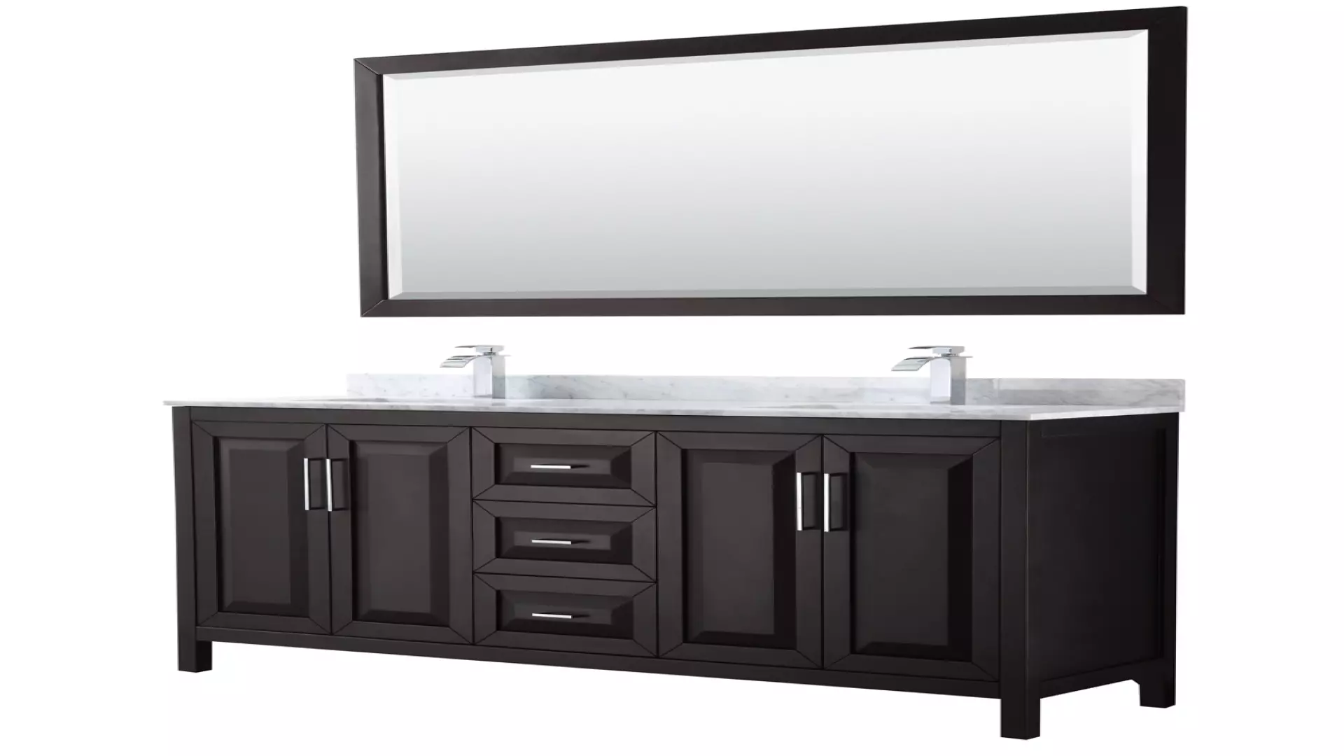 Daria 72 Inch Double Bathroom Vanity in Dark Espresso, White Carrara Marble Countertop, Undermount Square Sinks, and 70 Inch Mirror material