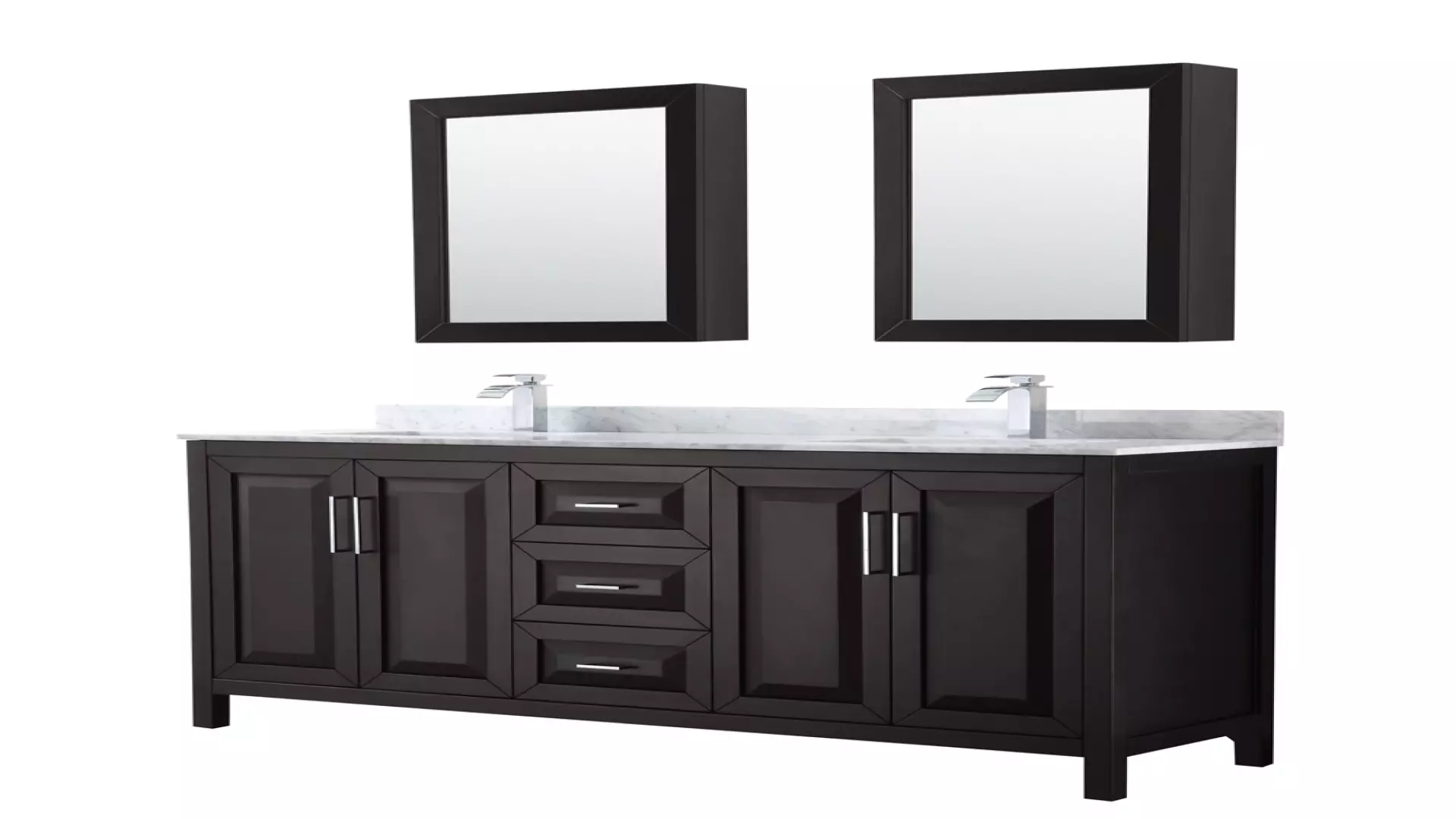 Daria 72 Inch Double Bathroom Vanity in Dark Espresso, White Carrara Marble Countertop, Undermount Square Sinks, and Medicine Cabinets material