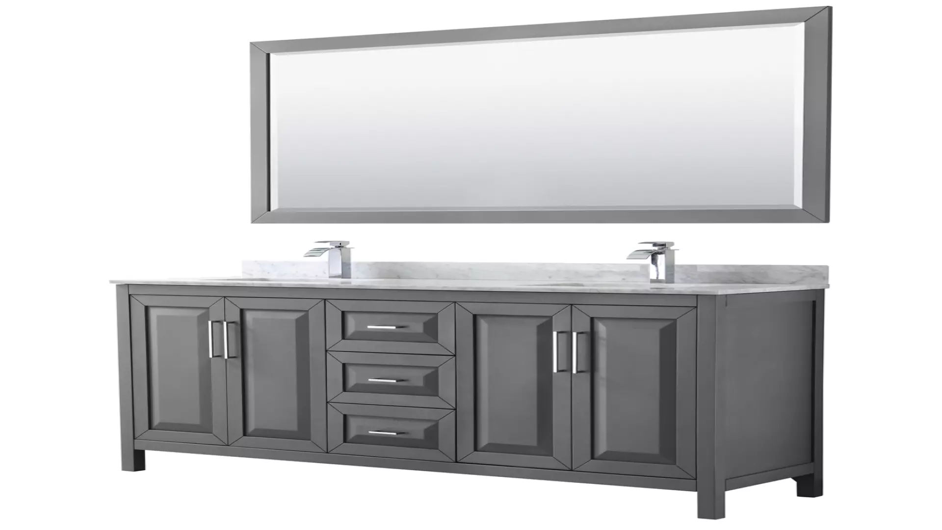 Daria 72 Inch Double Bathroom Vanity in Dark Gray, White Carrara Marble Countertop, Undermount Square Sinks, and 70 Inch Mirror material