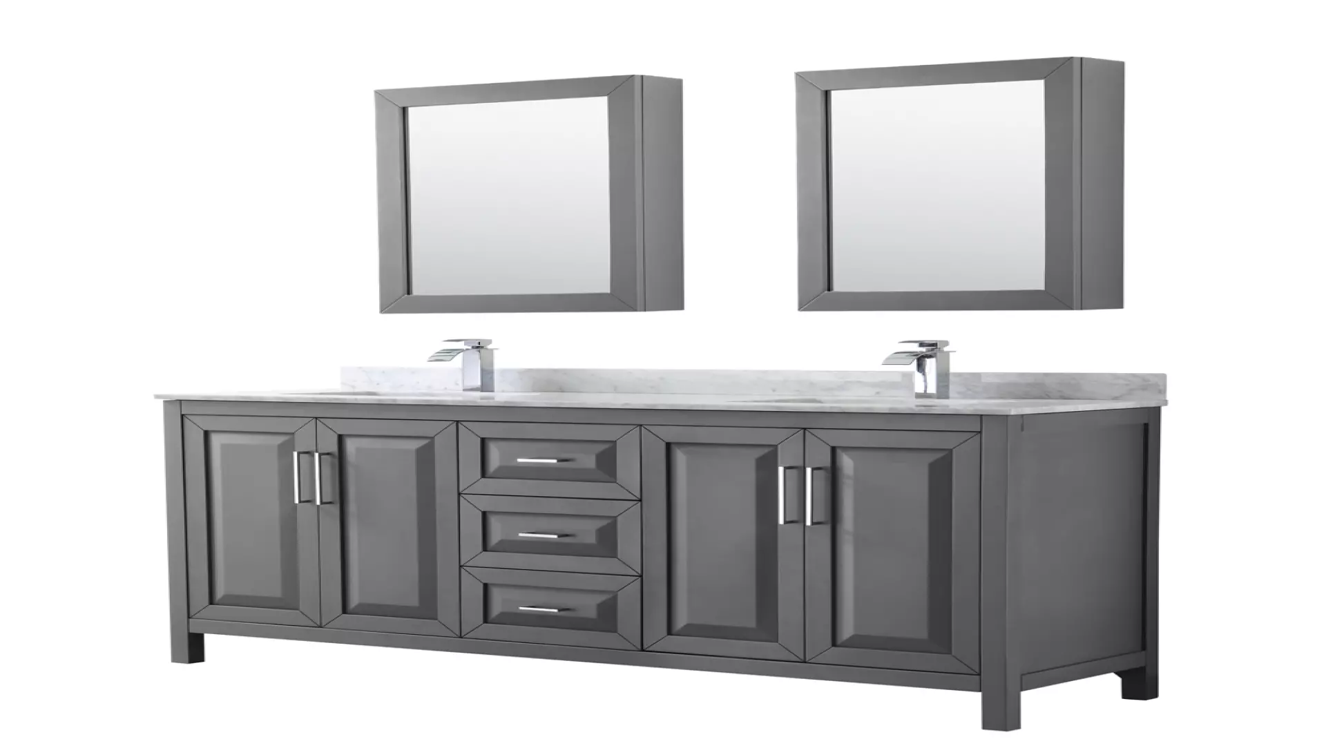 Daria 72 Inch Double Bathroom Vanity in Dark Gray, White Carrara Marble Countertop, Undermount Square Sinks, and Medicine Cabinets material