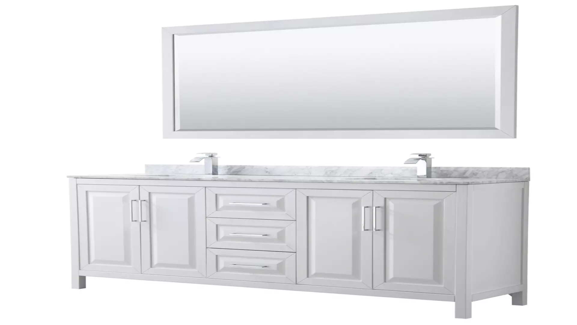 Daria 80 Inch Double Bathroom Vanity in White, White Carrara Marble Countertop, Undermount Square Sinks, and 70 Inch Mirror material