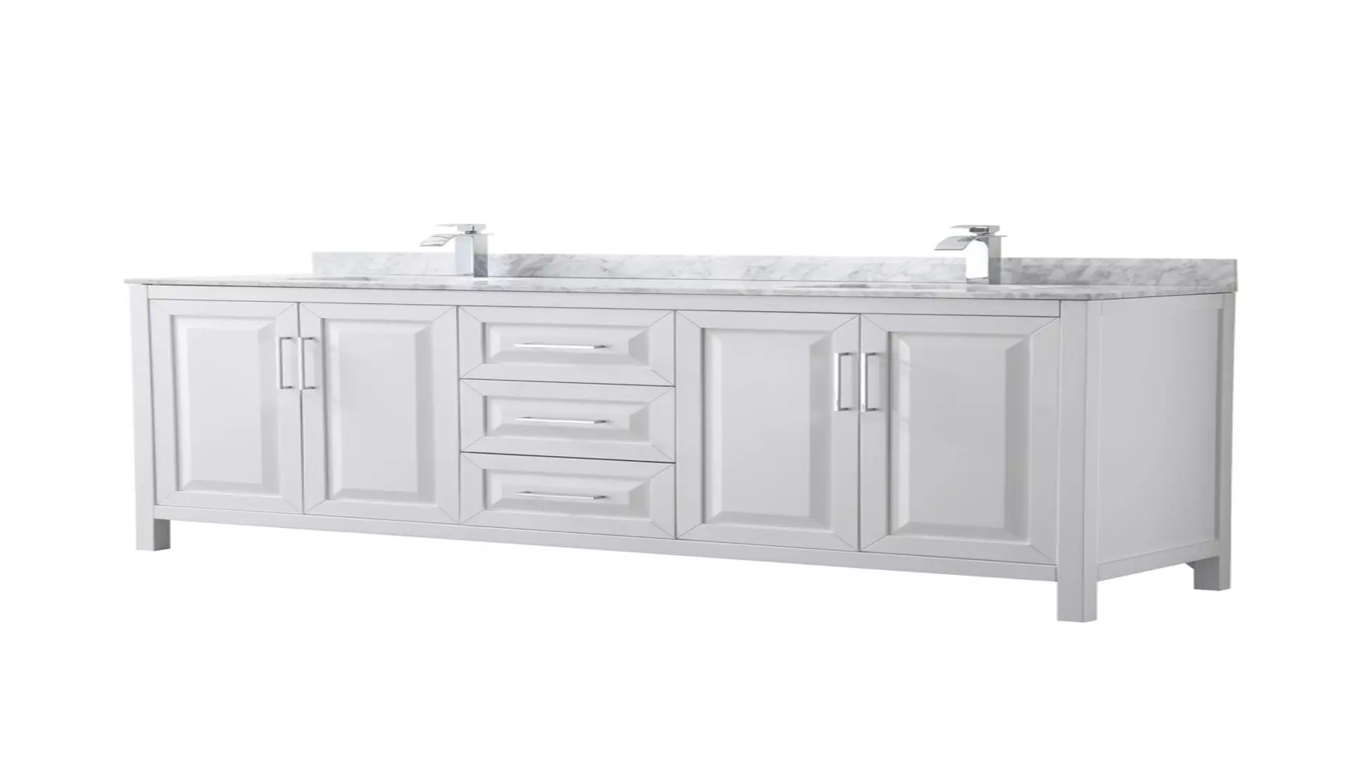 Daria 80 Inch Double Bathroom Vanity in White, White Carrara Marble Countertop, Undermount Square Sinks, and No Mirror material
