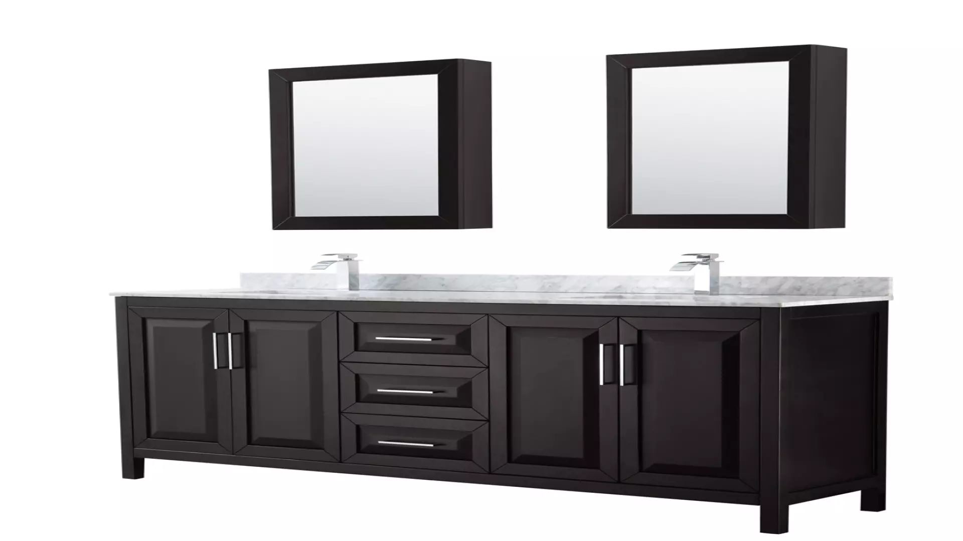 Daria 80 Inch Double Bathroom Vanity in Dark Espresso, White Carrara Marble Countertop, Undermount Square Sinks, and Medicine Cabinets material