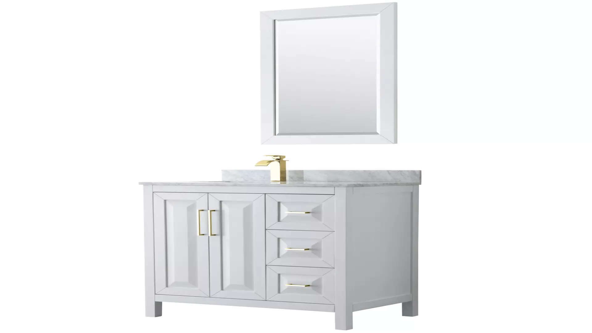 Daria 36 Inch Single Bathroom Vanity in White, White Carrara Marble Countertop, Undermount Square Sink, 24 Inch Mirror, Brushed Gold Trim material