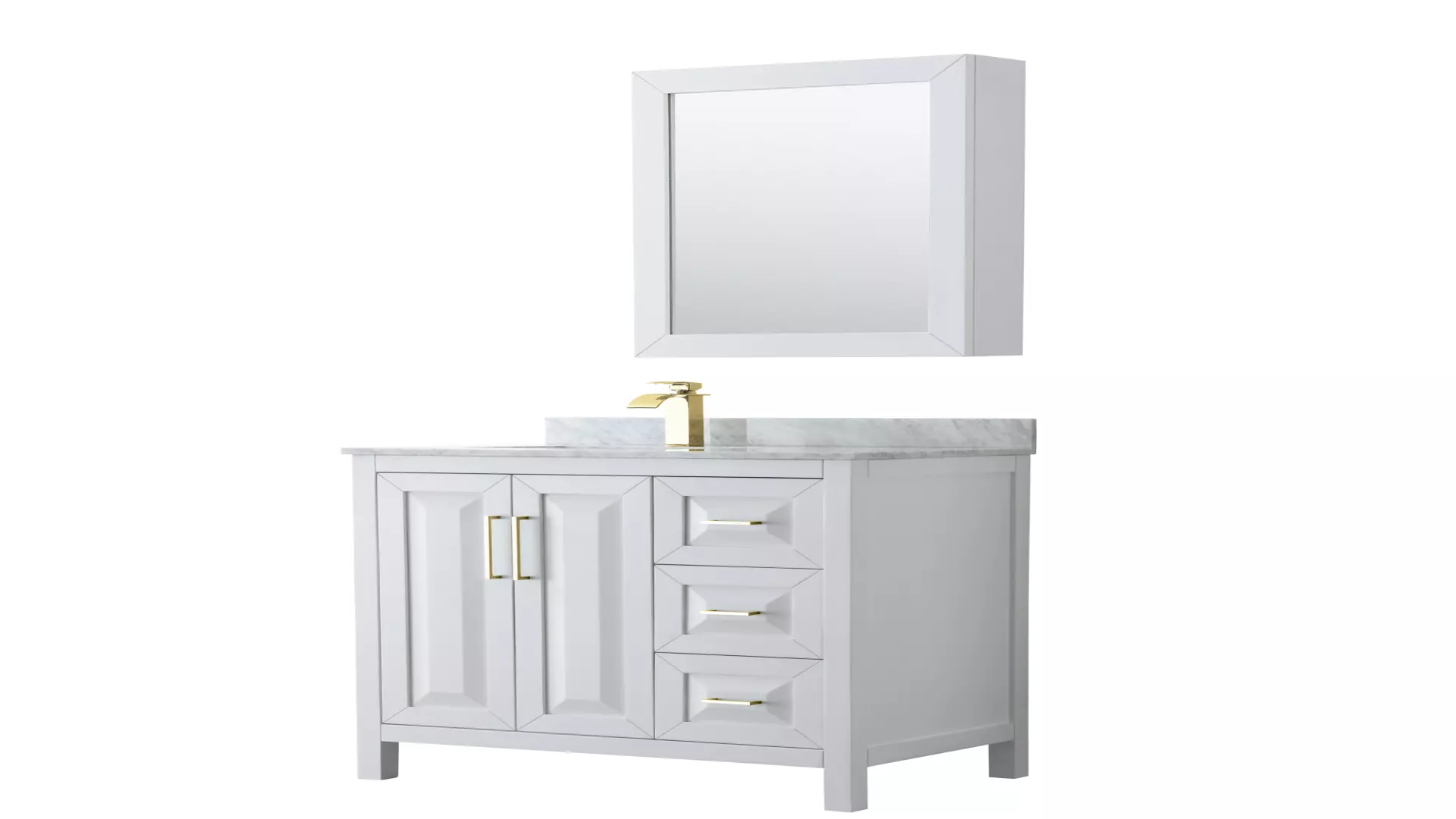 Daria 36 Inch Single Bathroom Vanity in White, White Carrara Marble Countertop, Undermount Square Sink, Medicine Cabinet, Brushed Gold Trim material