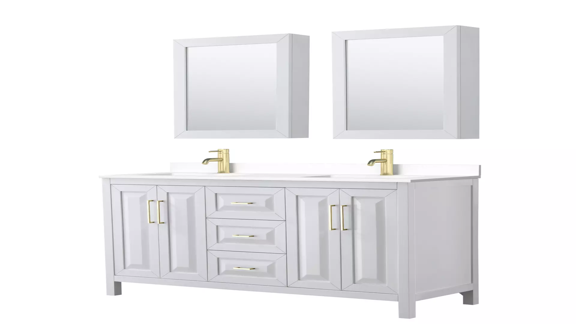 Daria 60 Inch Double Bathroom Vanity in White, White Cultured Marble Countertop, Undermount Square Sinks, Medicine Cabinets, Brushed Gold Trim material