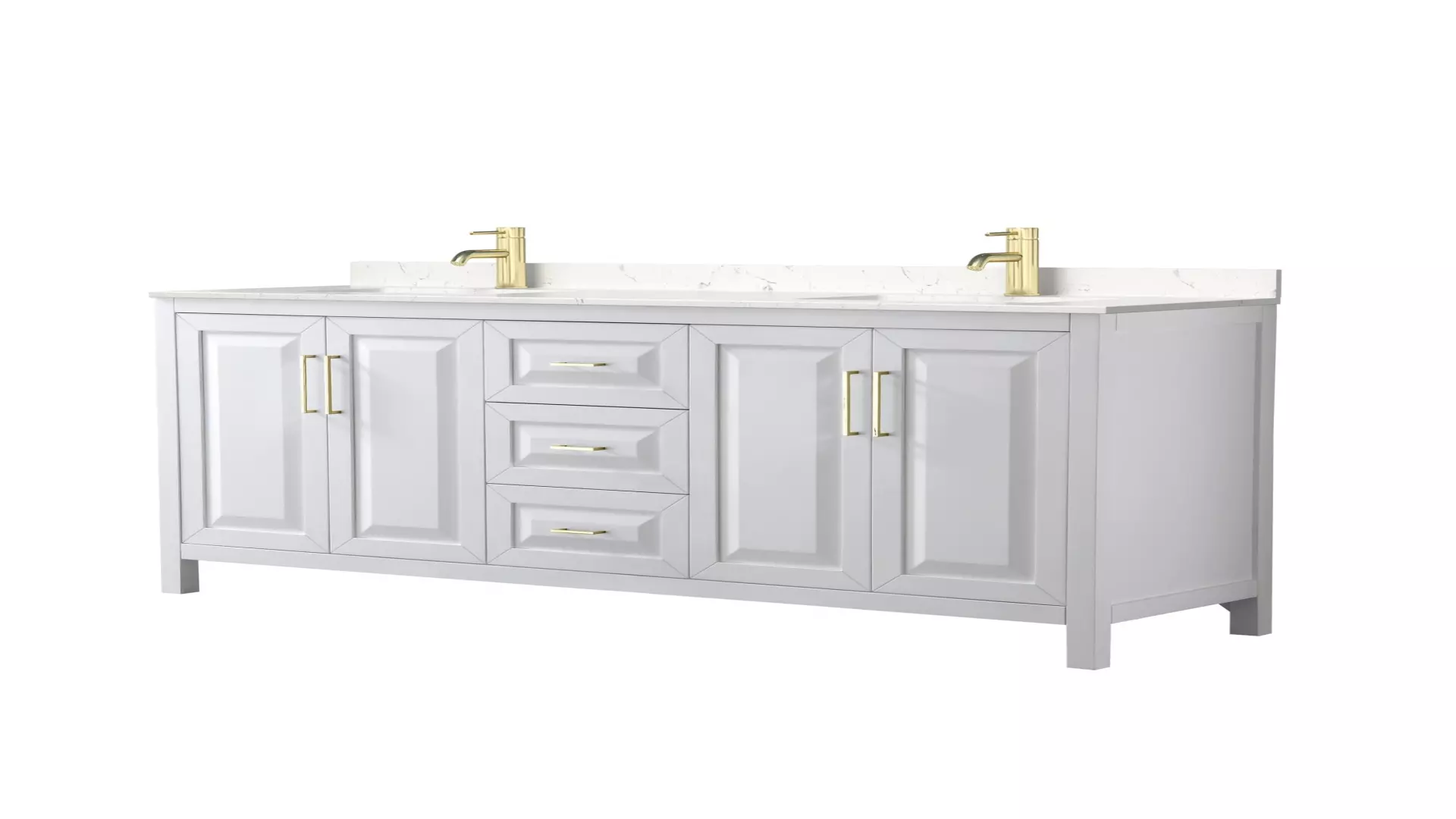 Daria 72 Inch Double Bathroom Vanity in White, Carrara Cultured Marble Countertop, Undermount Square Sinks, Brushed Gold Trim material