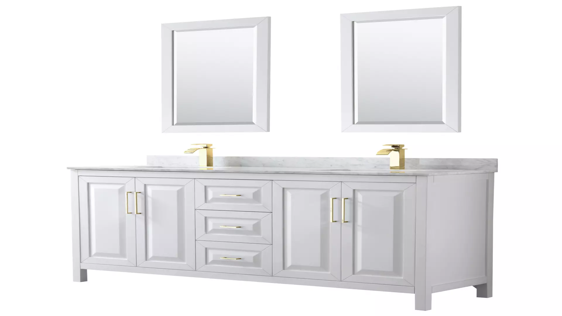 Daria 72 Inch Double Bathroom Vanity in White, White Carrara Marble Countertop, Undermount Square Sinks, 24 Inch Mirrors, Brushed Gold Trim material