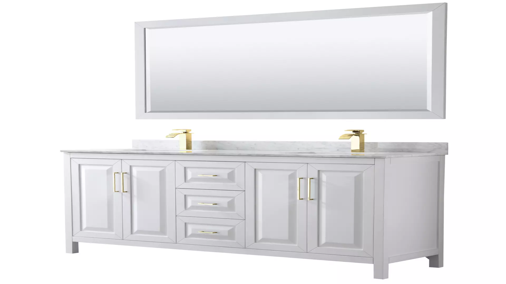 Daria 72 Inch Double Bathroom Vanity in White, White Carrara Marble Countertop, Undermount Square Sinks, 70 Inch Mirror, Brushed Gold Trim material
