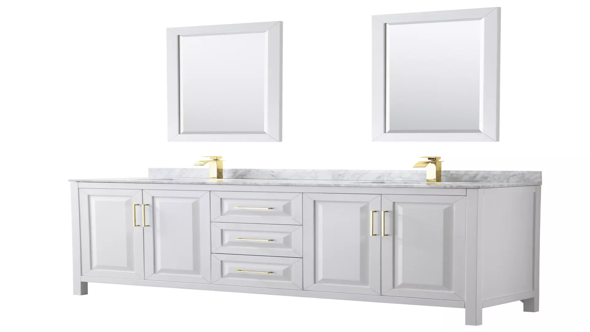 Daria 80 Inch Double Bathroom Vanity in White, White Carrara Marble Countertop, Undermount Square Sinks, 24 Inch Mirrors, Brushed Gold Trim material